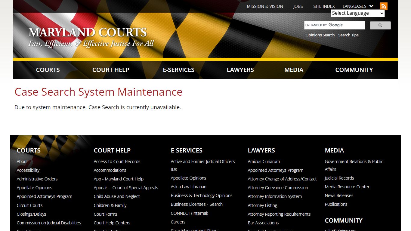 Case Search System Maintenance | Maryland Courts